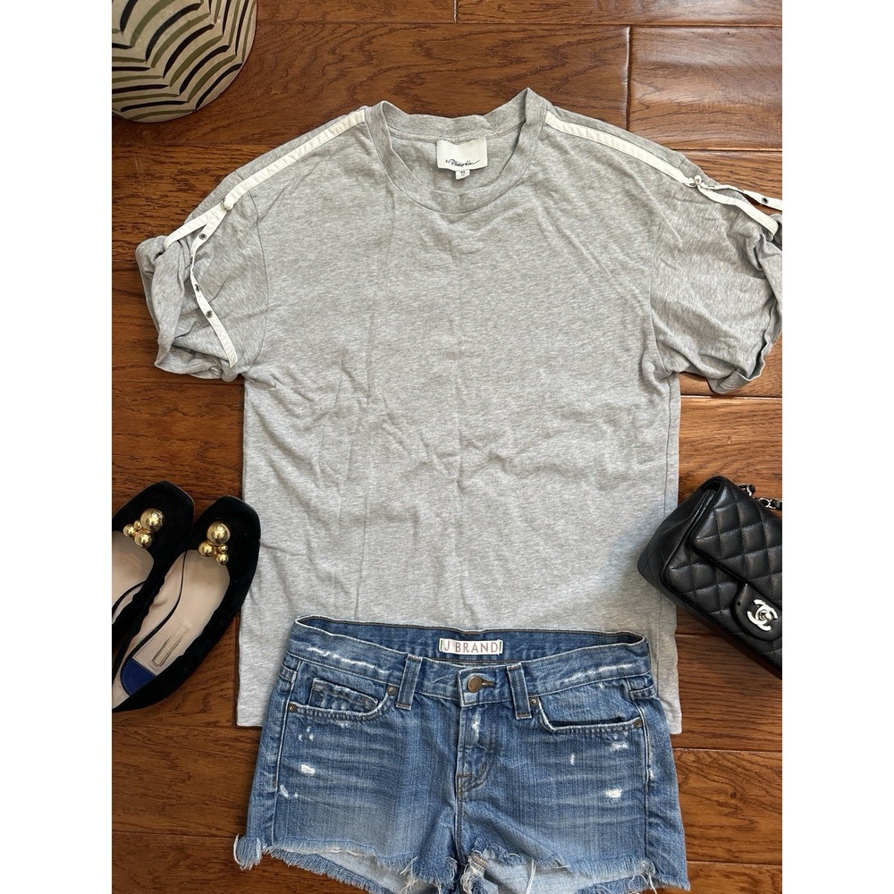 3.1 Phillip Lim Womens XS Grey Cotton Snap Shoulder Tape Trim T-Shirt Top